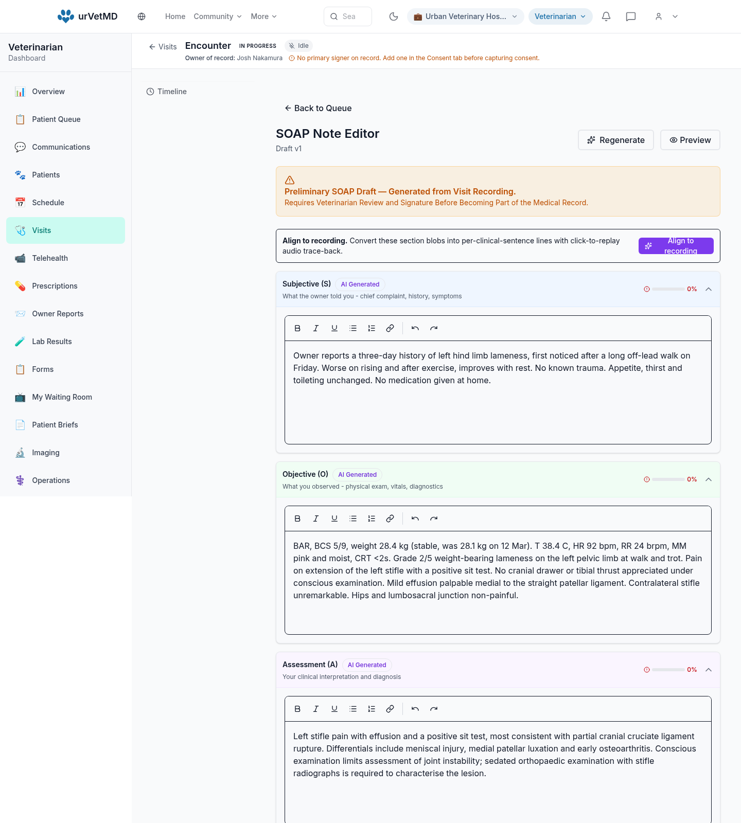 SOAP note editor with draft, review, and finalize states